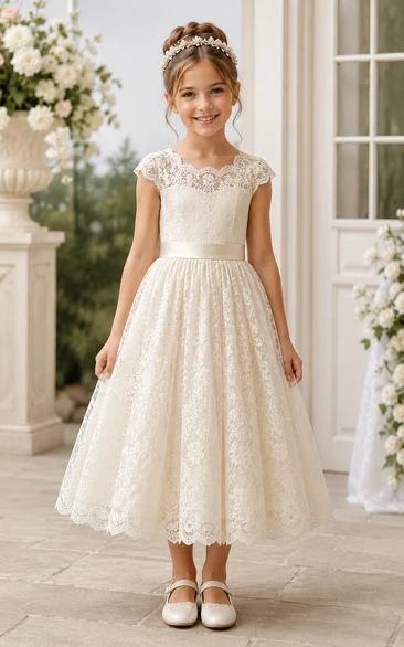 A-line Tea-length Cap Sleeve Tulle Lace Flower Girl Dress with Ivory cap-sleeve lace tea-length dress