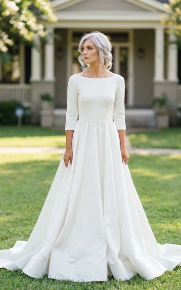 Bateau Neck 3/4 Sleeve Satin Vow Renewal Dress