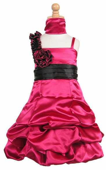 Midi Cape Ruched Floral Satin Flower Girl Dress With Ribbon