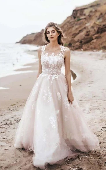 A-line Tulle Beach Strapped Blush Illusion Flowy Wedding Dress