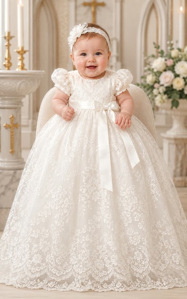 Baby Christening Gown Modest Princess Ball Gown Puff Sleeve Tulle Lace Floor-Length with Bow Sash in Ivory