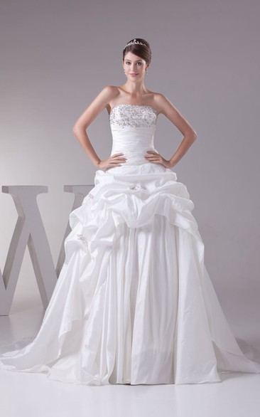 Strapless Ruched A-Line Dress With Beading and Ruching