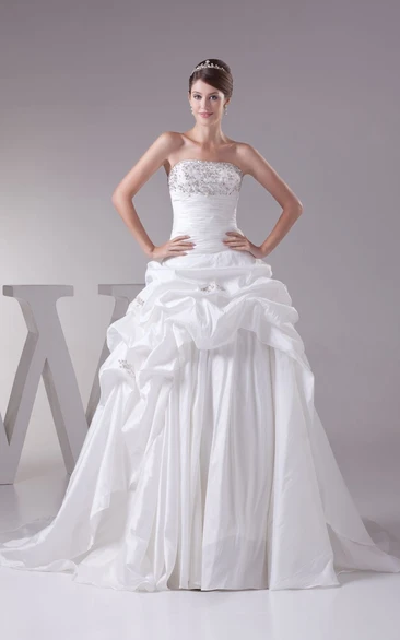 Strapless Ruched A-Line Dress With Beading and Ruching
