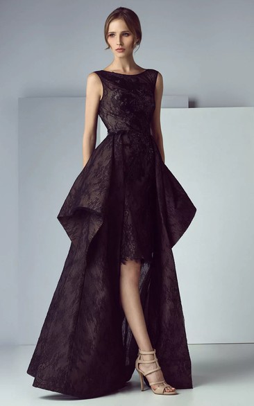 Black Scoop-neck Sleeveless Pencil Formal Lace Evening Dress with Watteau Train