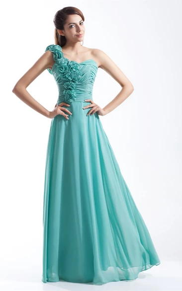 One-Shoulder Floor-Length Ruched Dress With Floral Strap