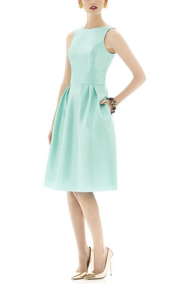 Sleeveless Fit and Flare Satin Dress with Pockets