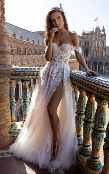 Sexy Off-the-shoulder Lace Elegant Front Split Tulle Wedding Dress