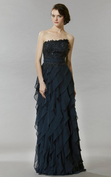 A-Line Strapless Floor-Length Sleeveless Lace Chiffon Prom Dress With Backless Style And Tiers