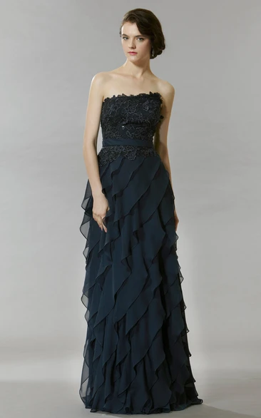 A-Line Strapless Floor-Length Sleeveless Lace Chiffon Prom Dress With Backless Style And Tiers