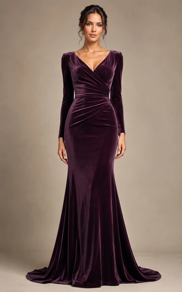 Plum Velvet Long Sleeve Mermaid Evening Dress
