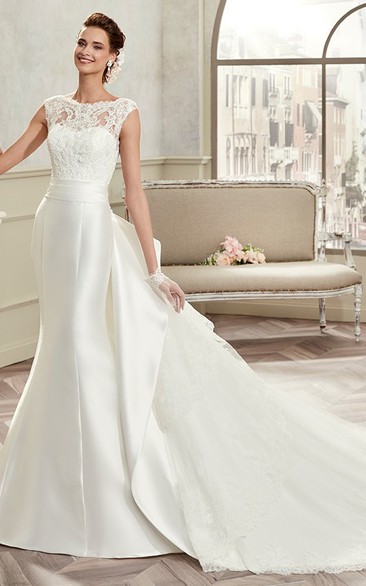 Jewel-Neck Cap Sleeve Satin Bridal Gown With Detachable Train And Back Bow