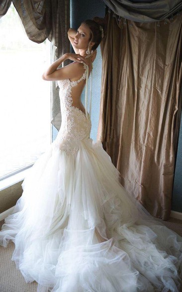 Glamorous Pearls Mermaid Wedding Dress Tulle Lace