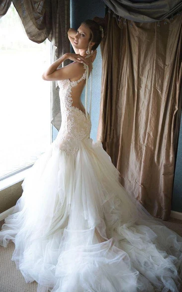 Glamorous Pearls Mermaid Wedding Dress Tulle Lace