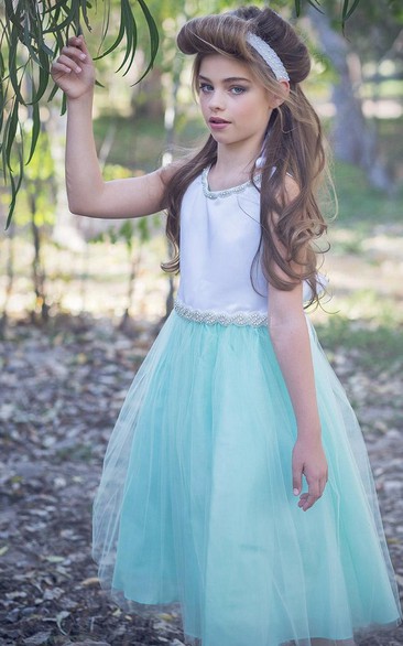 V-Neck Tea-Length Beaded Tulle&Satin Flower Girl Dress