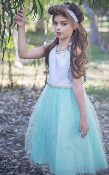 V-Neck Tea-Length Beaded Tulle&Satin Flower Girl Dress