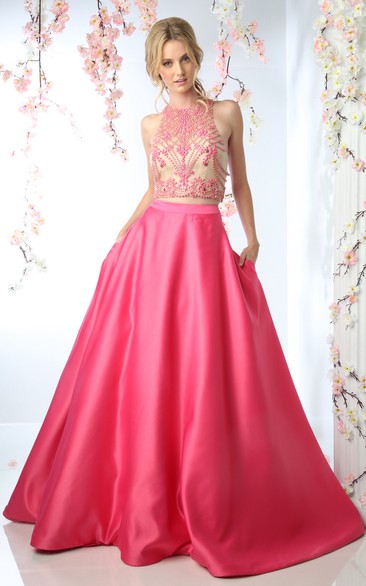 Ball Gown Jewel-Neck Sleeveless Satin Court Train Keyhole Dress With Beading
