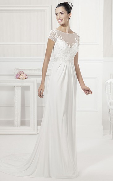 Jewel Neck Short-Sleeve Bridal Gown With Crystal Sash