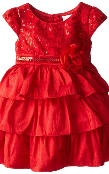 Cap-sleeved Scoop-neck Sequined Tiered Dress With Flower