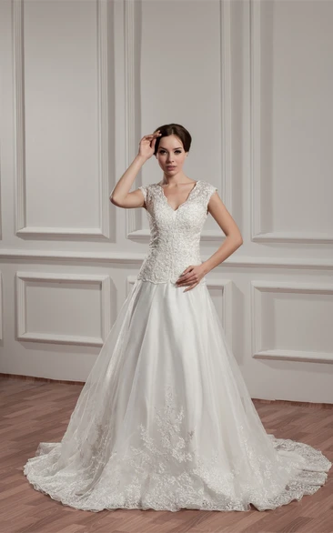 Caped-Sleeve A-Line Plunged Pleats and Dress With Appliques