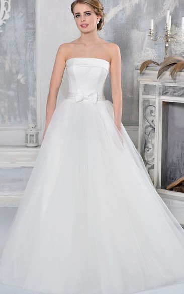 A-Line Sleeveless Bowed Strapless Long Satin&Tulle Wedding Dress