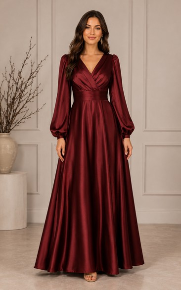 Burgundy V-neck A-Line Mother of the Bride Dress