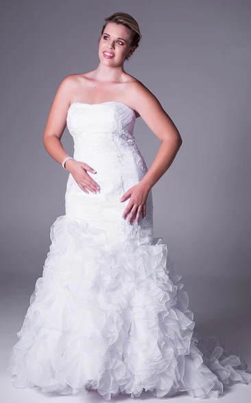 Trumpet Strapless Appliqued Long Lace Plus Size Wedding Dress With Cascading Ruffles And V Back