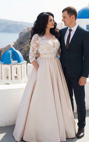 Plus Size Satin A-Line Gown with Illusion Sleeves