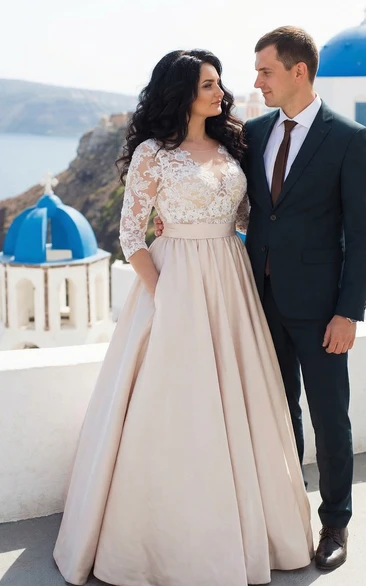 Plus Size Satin A-Line Gown with Illusion Sleeves