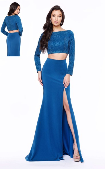 Sheath Bateau Long Sleeve Jersey Zipper Dress With Split Front