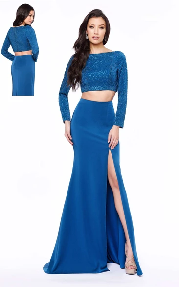 Sheath Bateau Long Sleeve Jersey Zipper Dress With Split Front