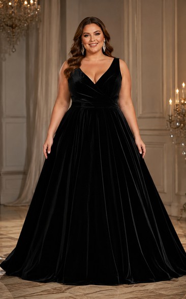 Plus Size Black Velvet V-Neck A-Line Formal Gown