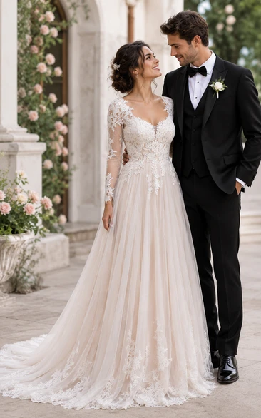 V-Neck Illusion Long Sleeve Lace Appliqued Tulle A-Line Pleated Vintage Wedding Dress