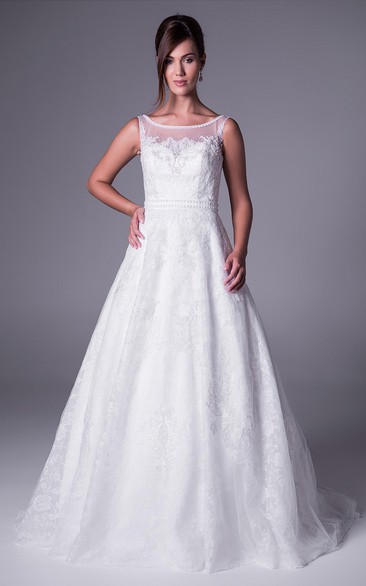 A-Line Sleeveless Bateau-Neck Appliqued Long Lace Wedding Dress With Waist Jewellery