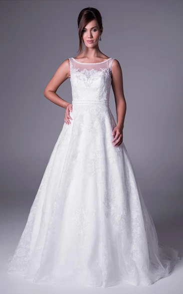 A-Line Sleeveless Bateau-Neck Appliqued Long Lace Wedding Dress With Waist Jewellery
