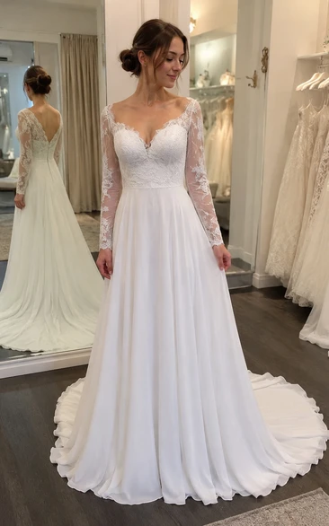 Casual V-neck Long Sleeve Chiffon Wedding Dress