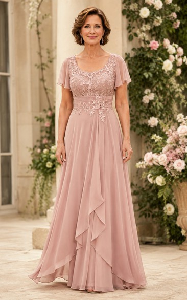 Dusty Rose Flutter Sleeve Mother Gown Dusty Rose Scoop Jewel A-Line Floor-length