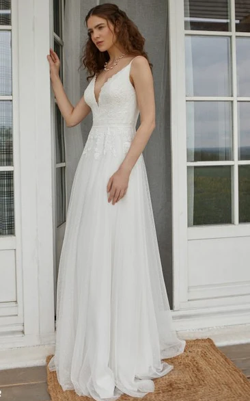Ethereal Tulle Floor-length Sleeveless A Line Deep-V Back Wedding Dress with Appliques
