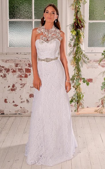 Sheath Sleeveless Long Beaded High Neck Lace Wedding Dress With Waist Jewellery