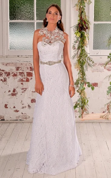 Sheath Sleeveless Long Beaded High Neck Lace Wedding Dress With Waist Jewellery