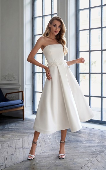 Simple Satin Strapless A-line Tea-length Wedding Dress