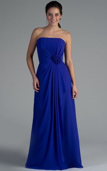 Strapless Pleated Chiffon Long Dress With Waist Flower