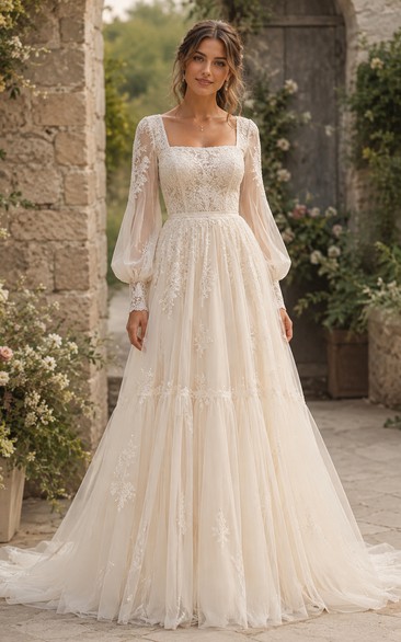 Square Neck Boho Wedding Dress with Long Bishop Sleeves, Tiered Tulle Skirt & Romantic Lace Details