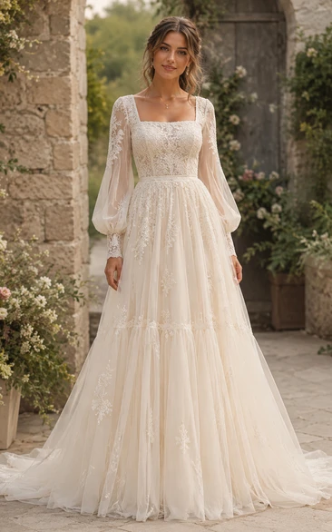 Square Neck Boho Wedding Dress with Long Bishop Sleeves, Tiered Tulle Skirt & Romantic Lace Details