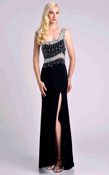 Side Slit One-Shoulder Jersey Sheath Prom Dress With Crystal Top