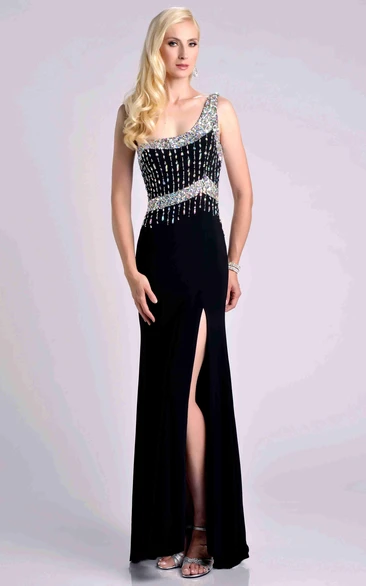 Side Slit One-Shoulder Jersey Sheath Prom Dress With Crystal Top