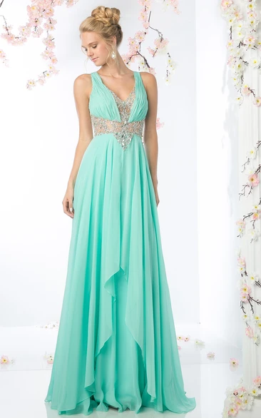 A-Line V-Neck Sleeveless Empire Chiffon Keyhole Dress With Beading And Draping