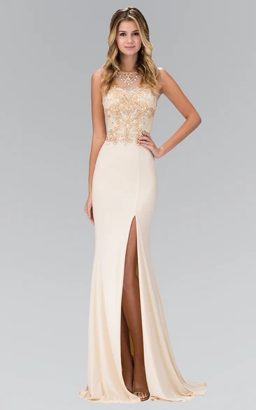 Sheath Long Bateau Sleeveless Jersey Illusion Dress With Split Front And Beading