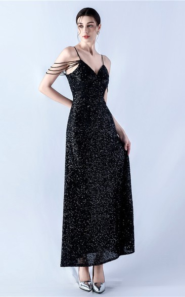 Sling A-Line Large Swing Mesh Sequin Evening Dress