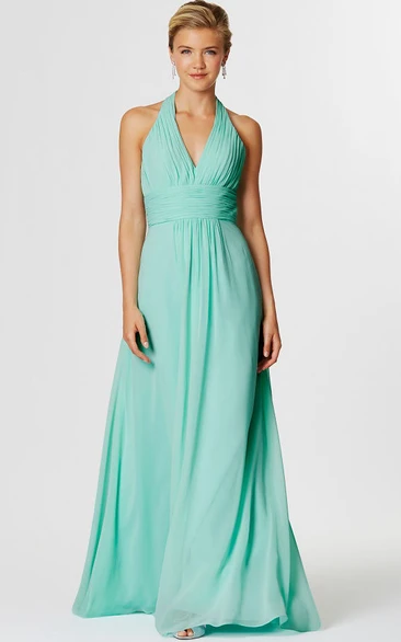 Maxi Ruched Halter Sleeveless Chiffon Bridesmaid Dress