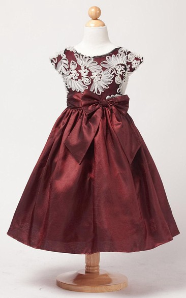 Bowed Taffeta Flower Girl Dress With Embroidery